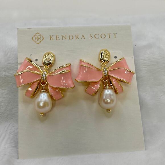 Kendra Scott x LoveShackFancy Pearl Bow Gold Statement Earrings - Picture 3 of 8